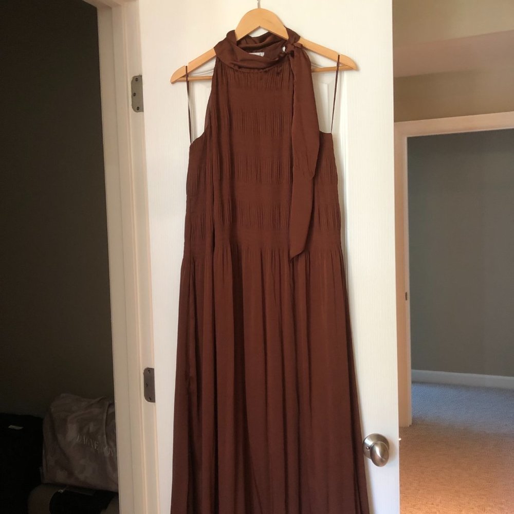 NWT MANGO Brown Silky High-Neck Tie Midi Dress